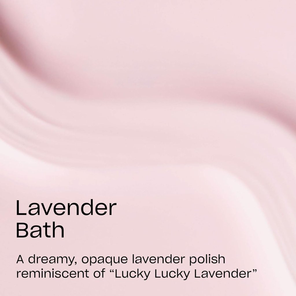 A soft pink background featuring text that describes a lavender nail polish named 'Lavender Bath,' characterized as a dreamy, opaque lavender shade reminiscent of 'Lucky Lucky Lavender.'