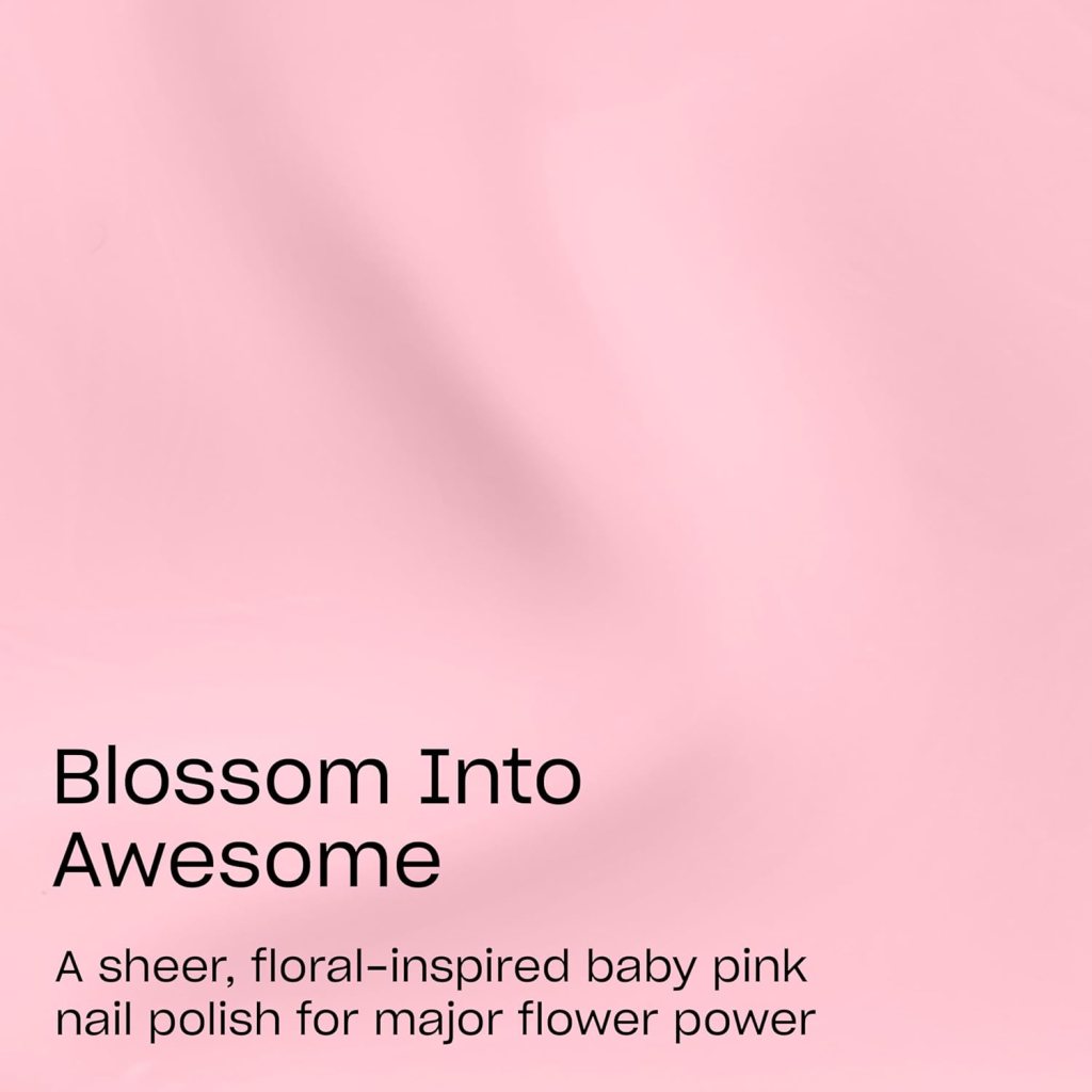 A marketing image featuring the text 'Blossom Into Awesome' with a description of a sheer, floral-inspired baby pink nail polish against a soft pink background.