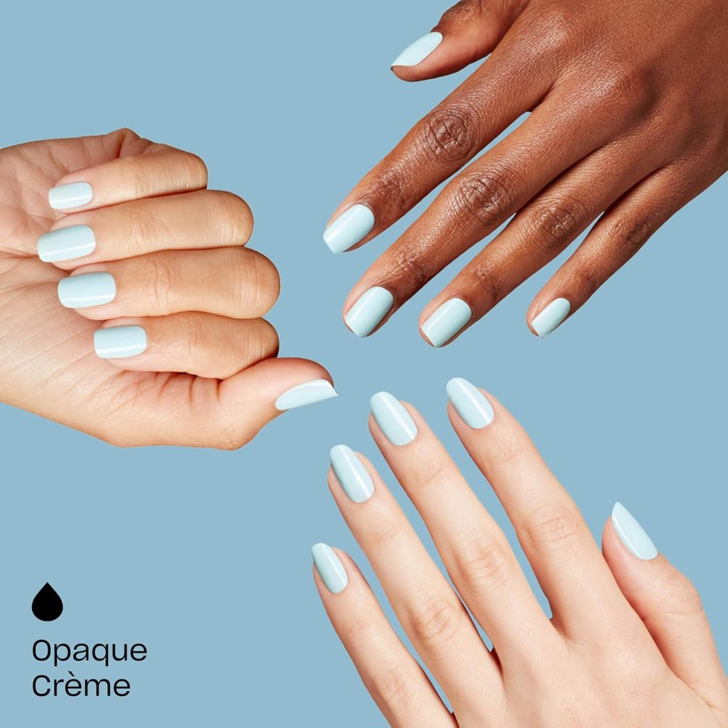 A composition of four hands showcasing manicured nails painted in a light blue color against a soft blue background.